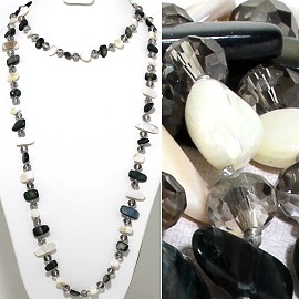 46" Lariat Necklace Flat Stone Crystal Bead Black White Cl ZN117