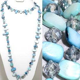 46" Lariat Necklace Flat Stone Crystal Bead LT Blue Turquo ZN124
