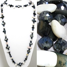 46" Lariat Necklace Flat Stone Crystal Bead Black Dk Blue ZN125