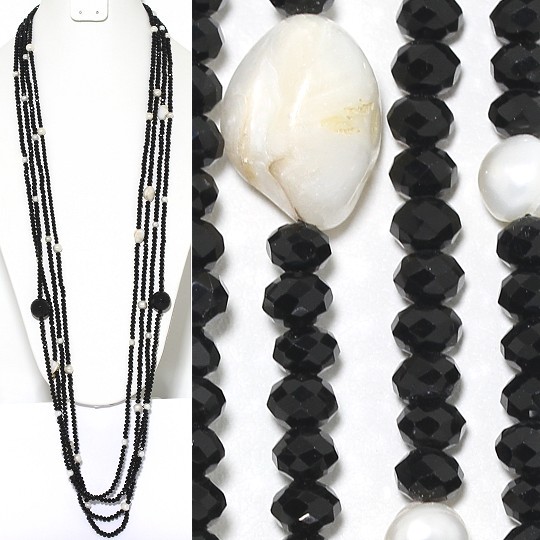 Necklace Lariat 4-Line Crystal Freshwater Pearl Bead Black ZN140