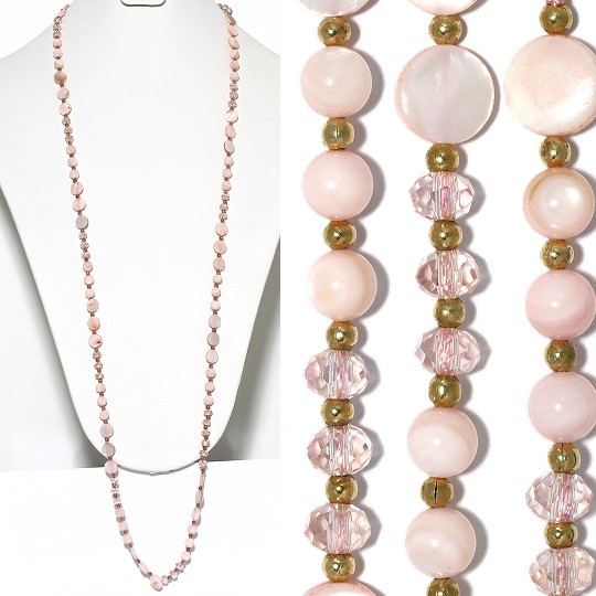 Lariat Necklace +- 38" Mix Beads Crystals Gold Peach Pink ZN147