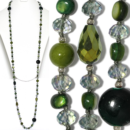 Lariat Party Necklace +- 46" Mix Beads Dark Green ZN153